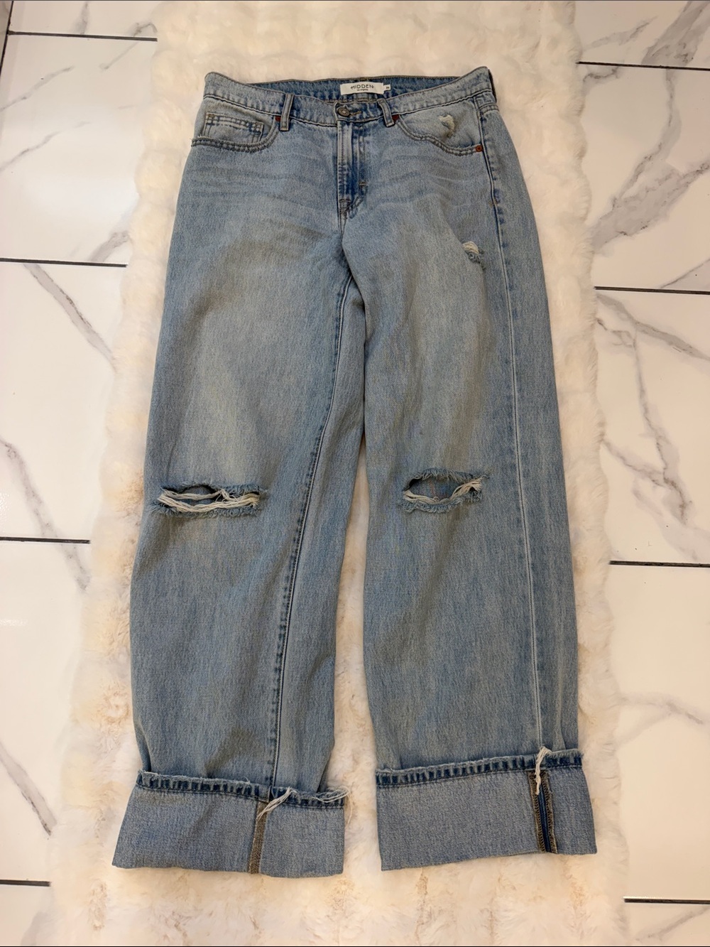 Light Blue Distressed Boyfriend Jeans with Cuffed Hem